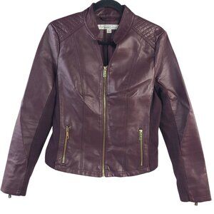 Kenneth Cole Women's Maroon Faux Leather Quilted Moto Jacket Size S EUC